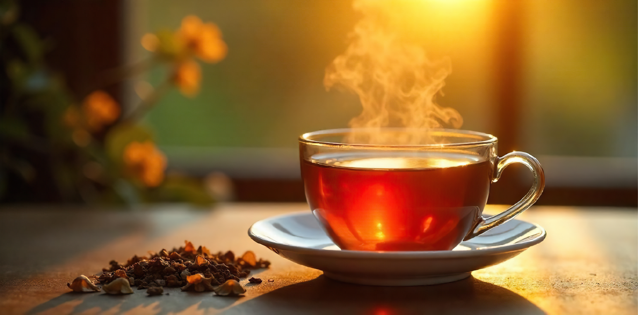 Steaming cup of tea on a wooden table with sunlit background